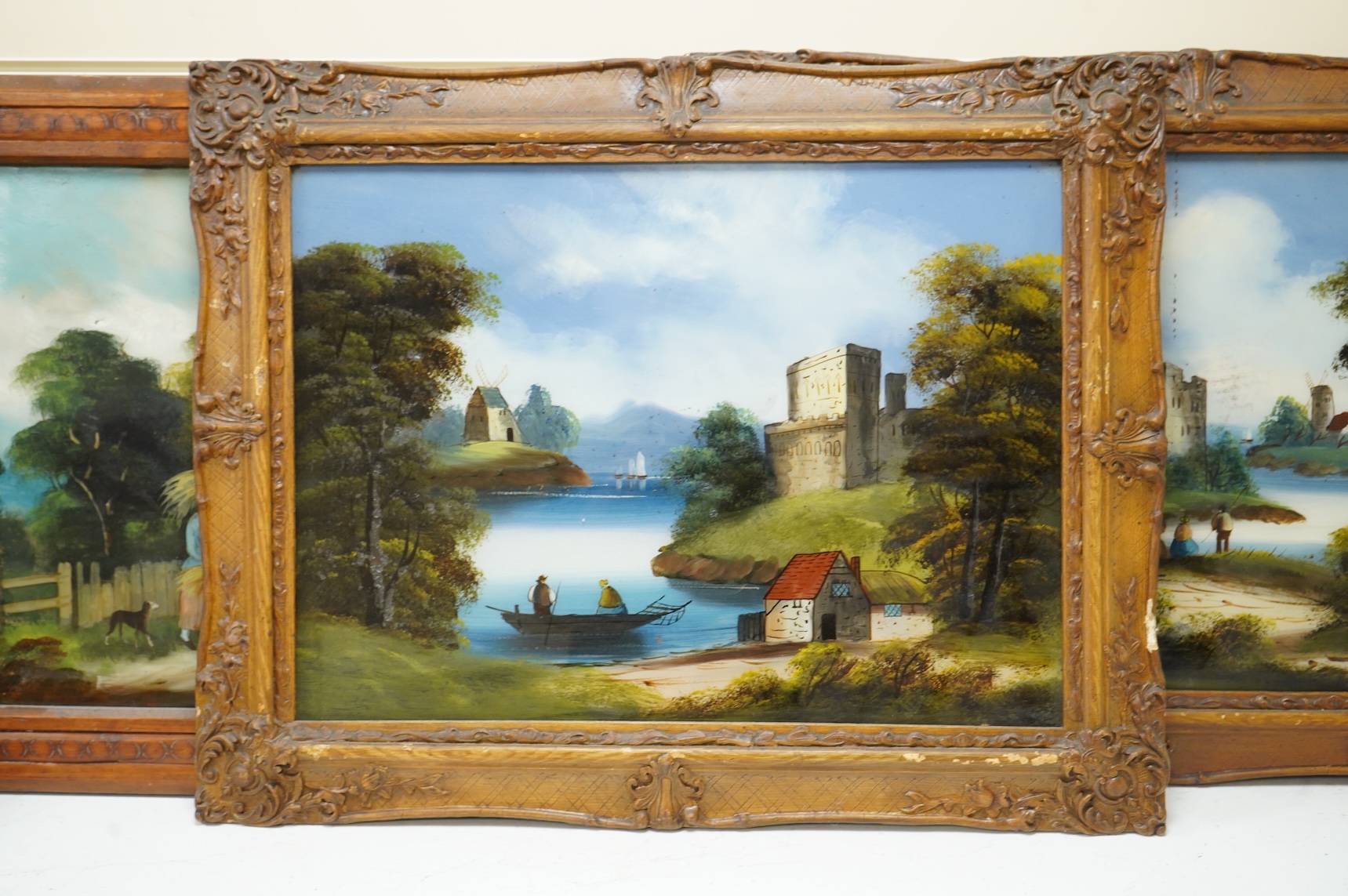 Victorian school, three reverse glass painted panels, Riverscapes, 41 x 56cm